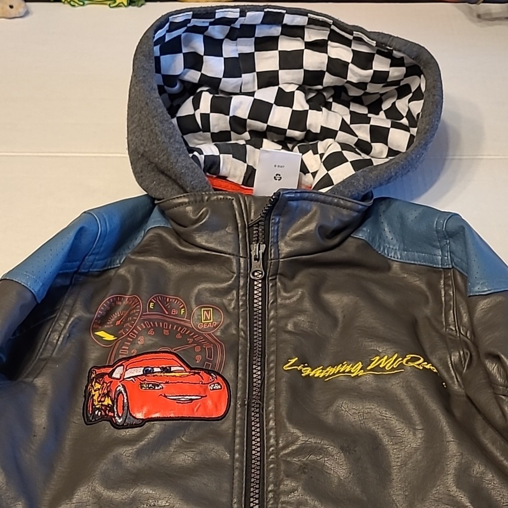 Disney PIXAR Grey and Blue Lightning McQueen CARS FAUX LEATHER JACKET - Picture 2 of 9